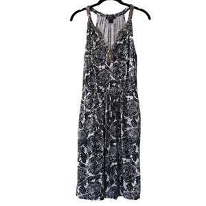 Lucky Brand Sleeveless Beaded Floral Drawstring Waist Dress, Black & White, Sz S